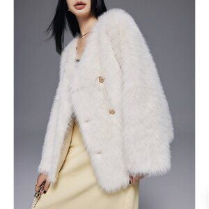 Cream Faux Fur Collarless Double Breasted